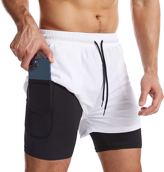 Men's Simple Plain 2 IN 1 Drawstring Shorts with Towel Loop & Phone Pockets