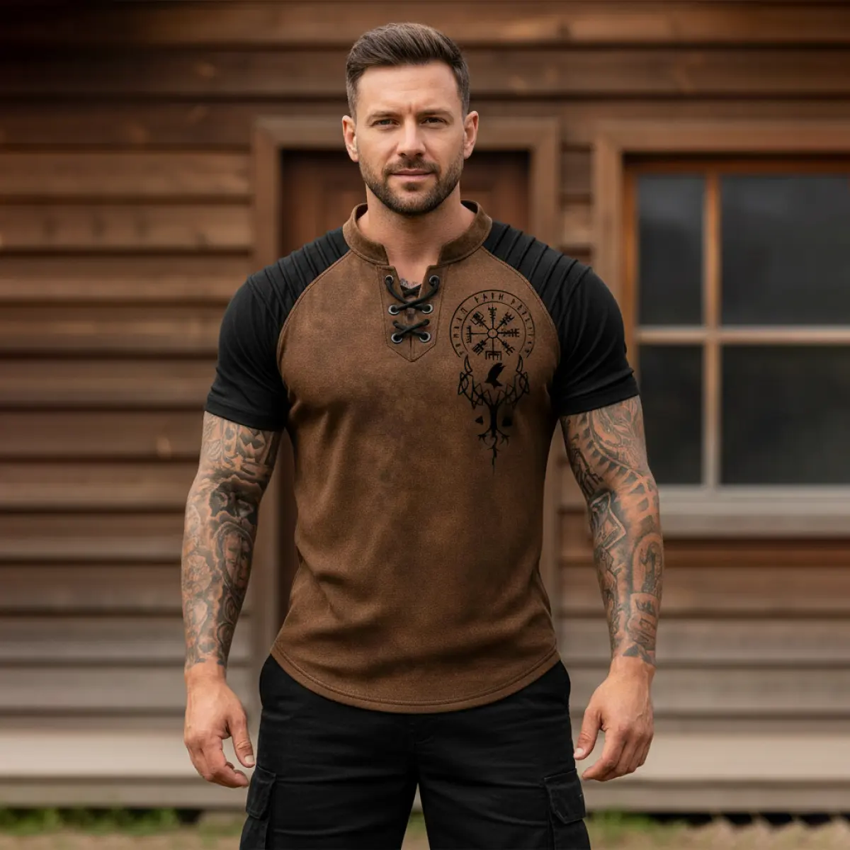 2026 Men's Viking Classic Totem Patchwork Print Tie-Up T-Shirt