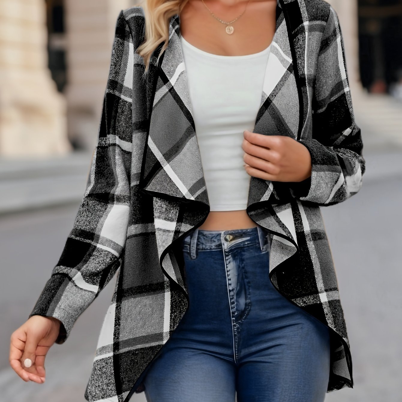 Plaid Print Open Front Coat, Elegant Long Sleeve Outwear For Spring & Fall, Women's Clothing