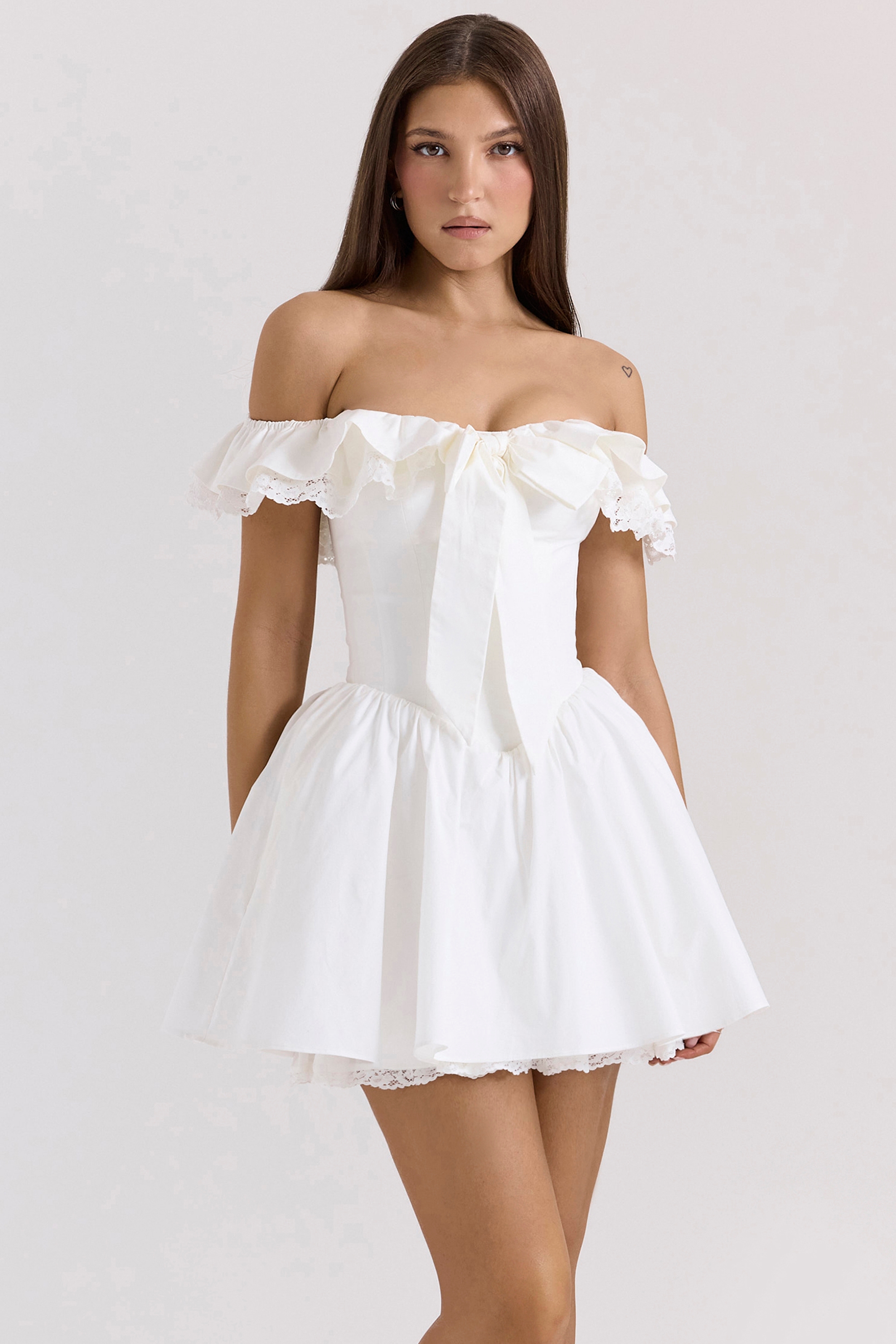 White Cotton Off-The-Shoulder Bustier Mini Dress