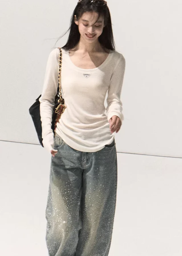 Rhinestone Washed Cotton Denim Pants
