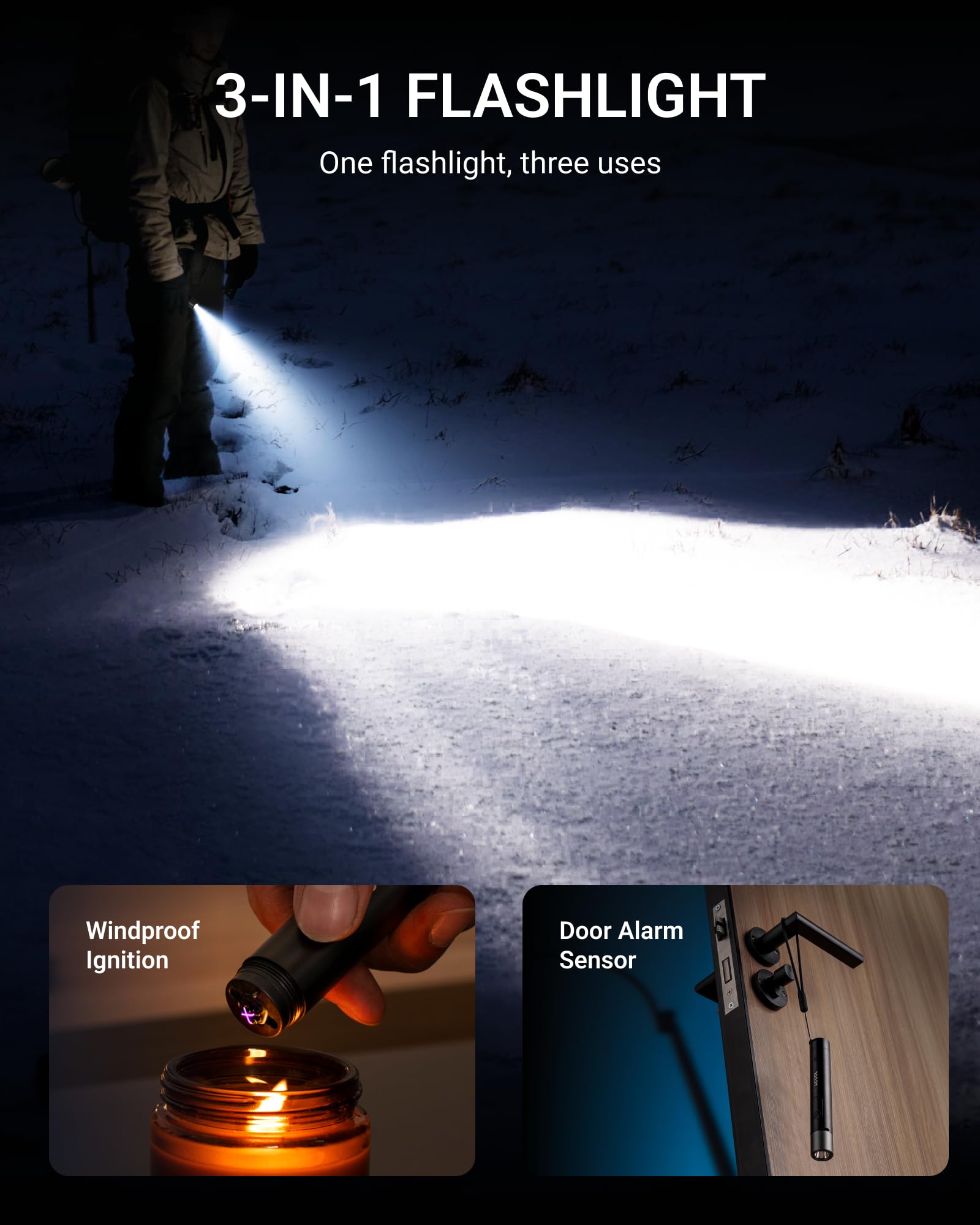 3-in-1 Powerful High Lumens Rechargeable Flashlight with Arc Lighter and Door Alarm