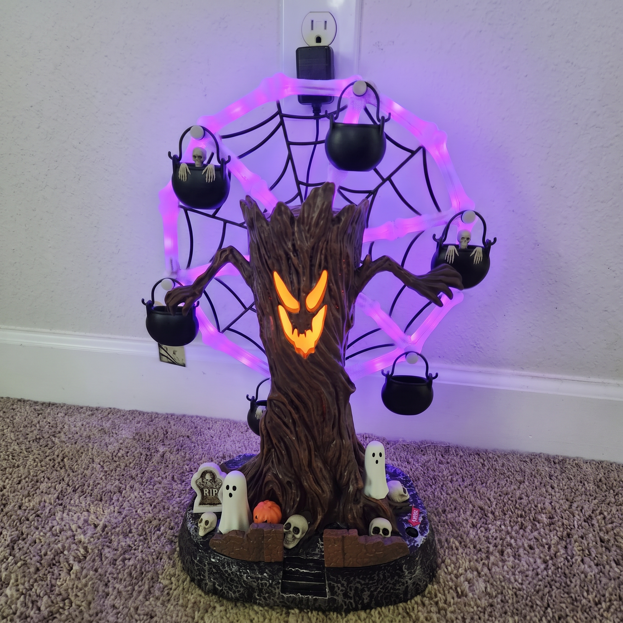 Rotating Halloween Ghost Tree Ferris Wheel Table Decor, LED Light Up Skeleton Spider Web Spooky Figurine with Sound
