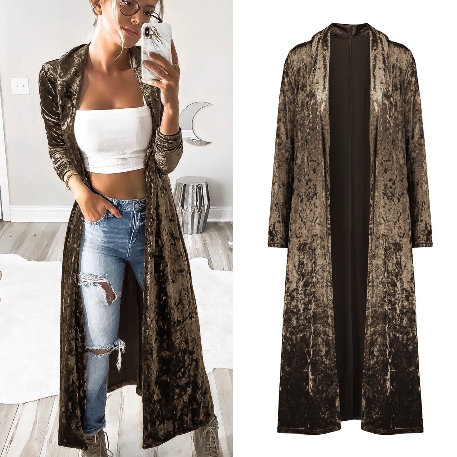 Women Velvet Long Casual Long Sleeve Loose Cardigan Retro Outwear Coat
