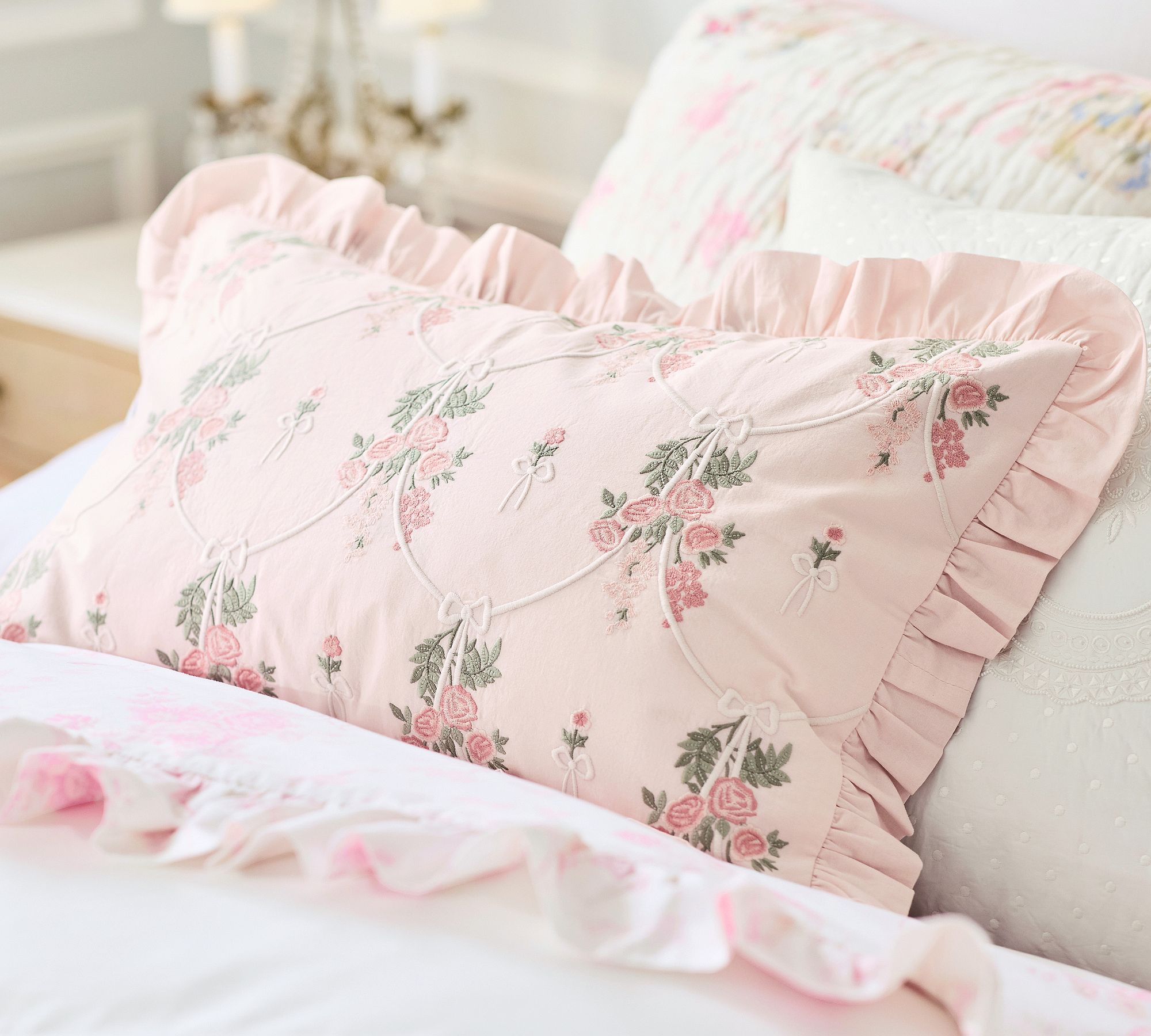LoveShackFancy Embroidered Floral Bow Pillow