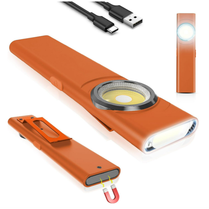 USB C Rechargeable COB Work Light, 600 Lumens Mini Flat EDC Flashlight with Magnetic Base and Loop Clip