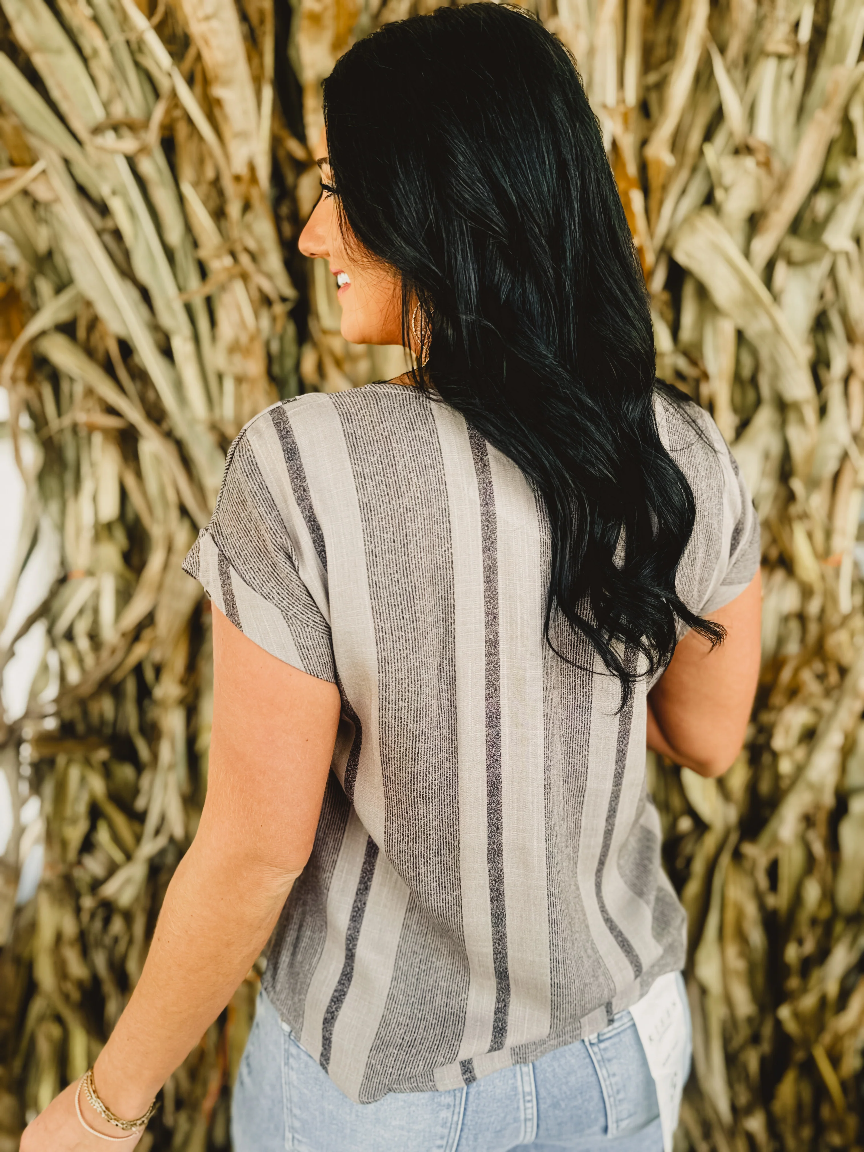 Striped Side Button Down Top - Mocha