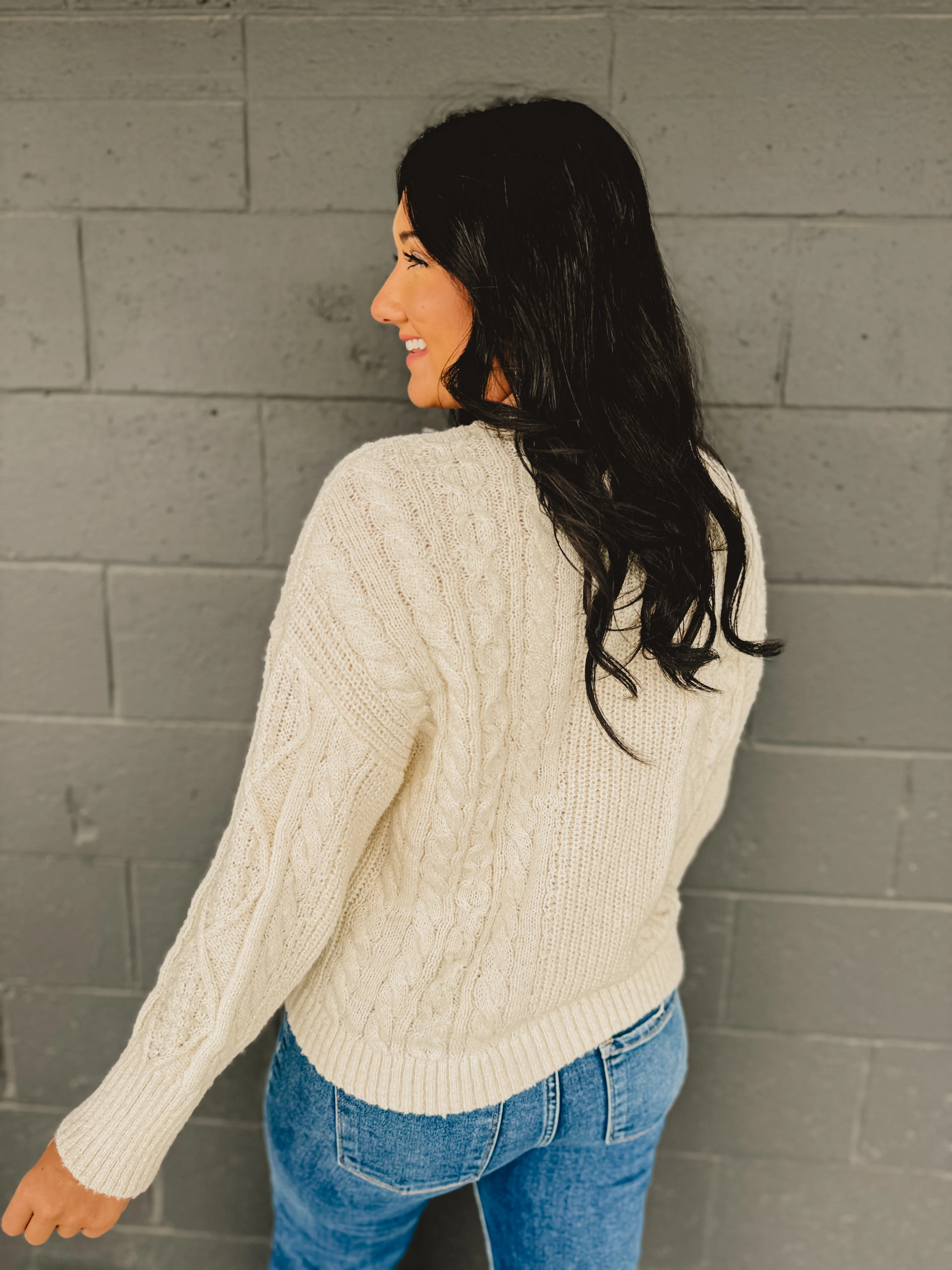 Cable Knit Crewneck Long Sleeve Sweater - Cream