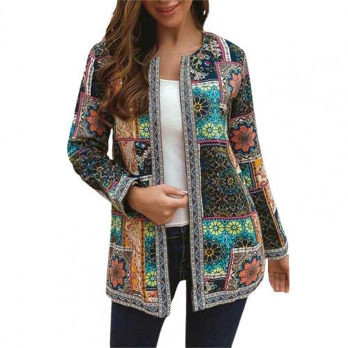 Vintage Women's Jacket Ethnic Vintage Cotton Linen Print Loose Warm Coats