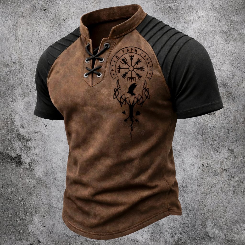2026 Men's Viking Classic Totem Patchwork Print Tie-Up T-Shirt