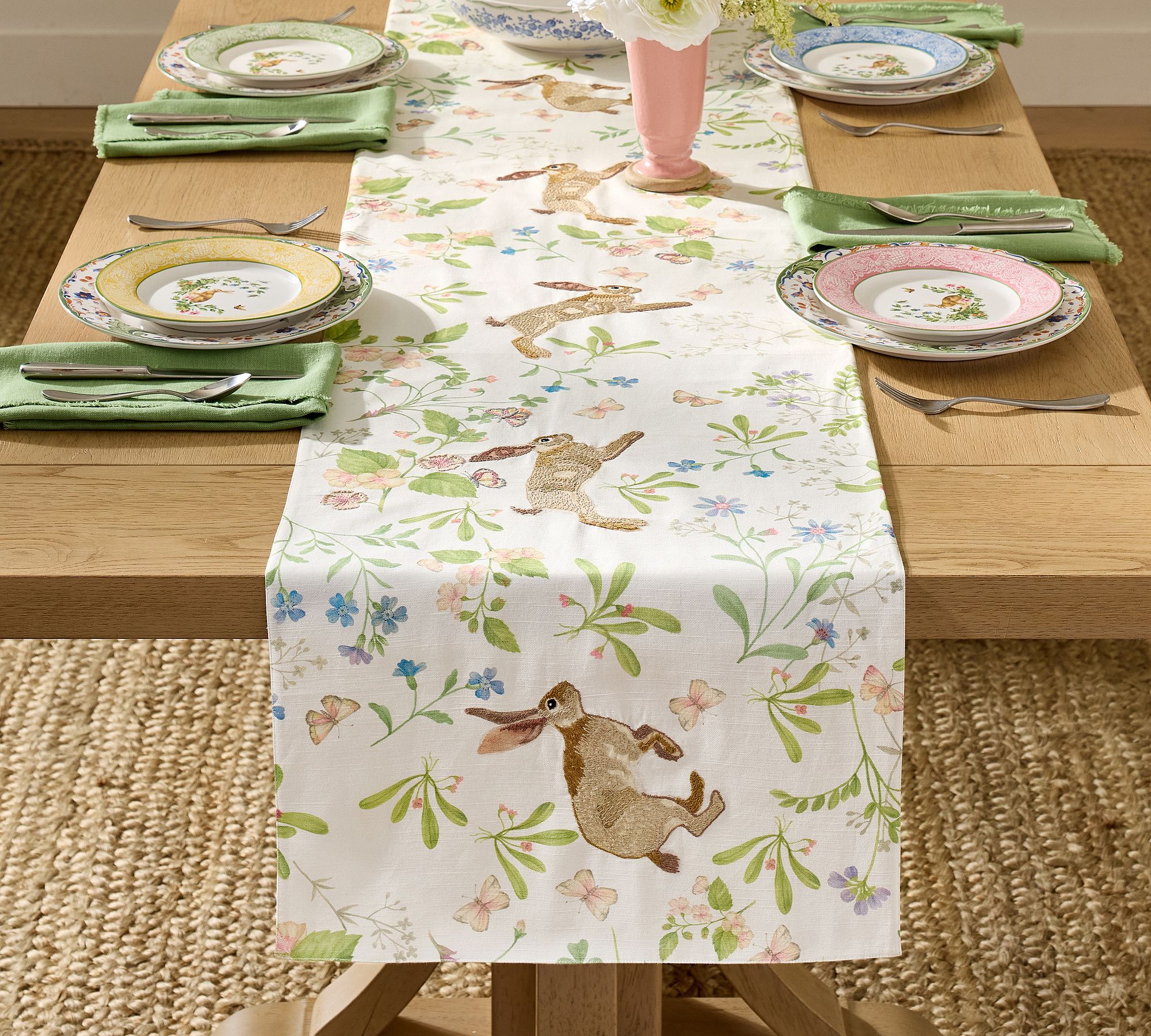Bunny Embroidered Cotton Table Runner