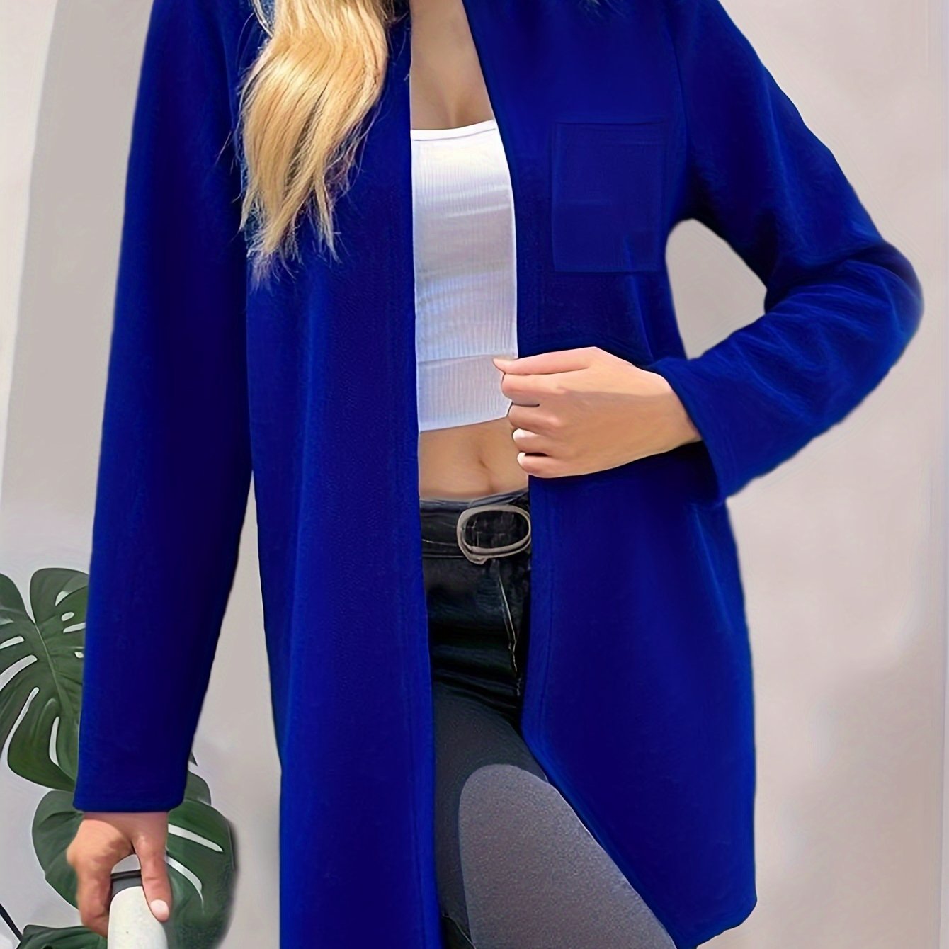 Solid Open Front Pocket Cardigan, Casual Long Sleeve Sweater For Spring & Fall, Women's Clothing