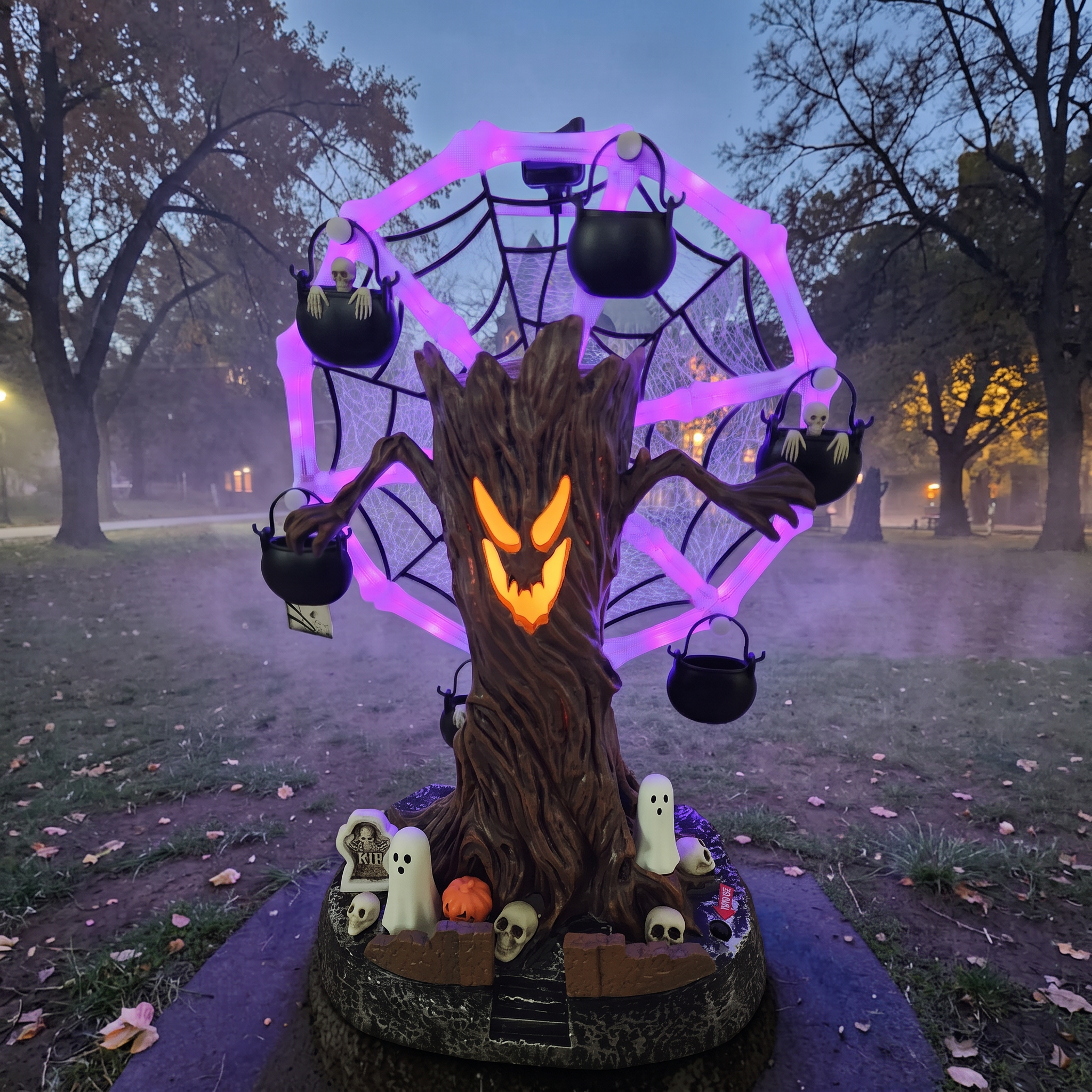 Rotating Halloween Ghost Tree Ferris Wheel Table Decor, LED Light Up Skeleton Spider Web Spooky Figurine with Sound