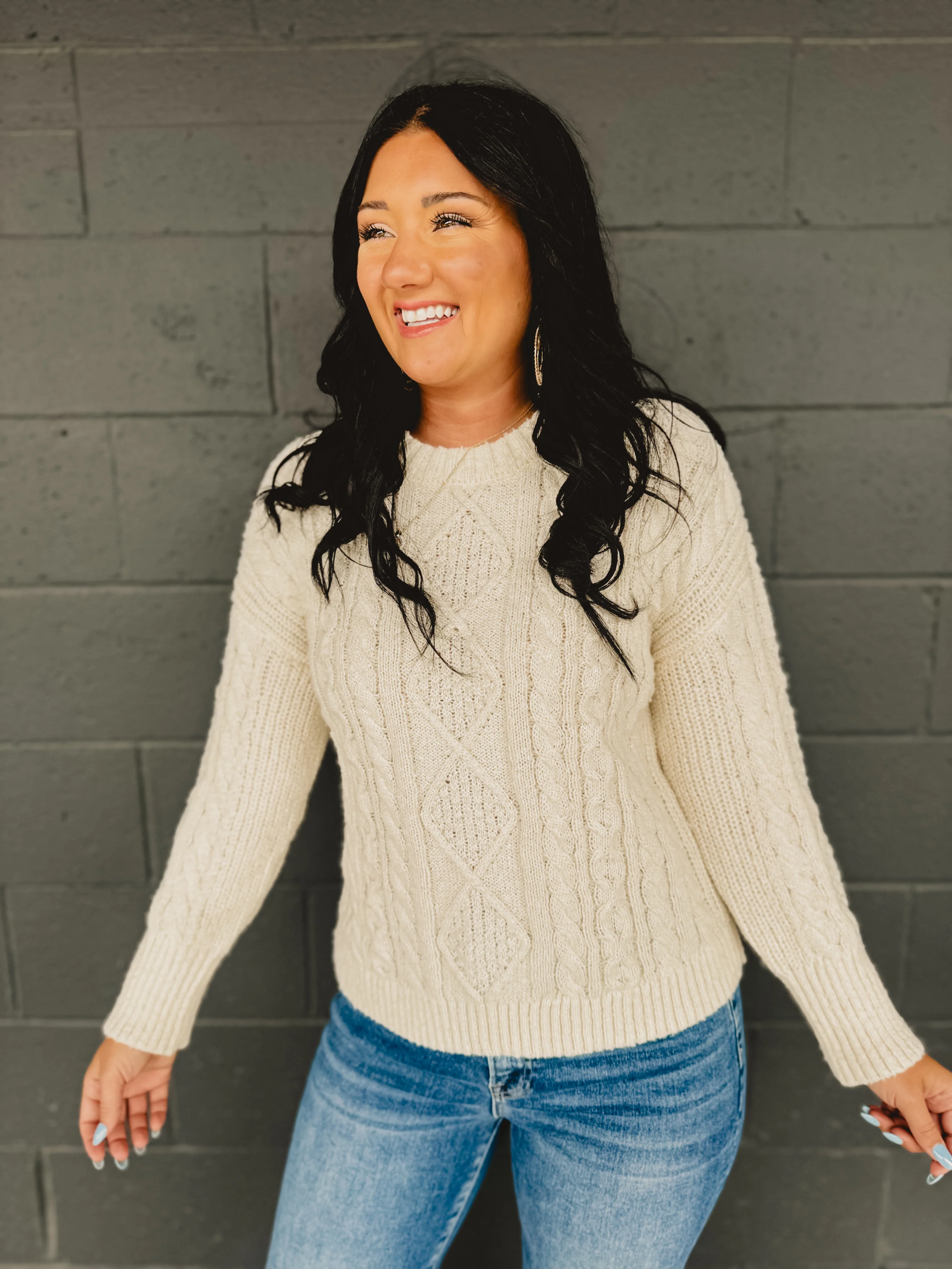 Cable Knit Crewneck Long Sleeve Sweater - Cream