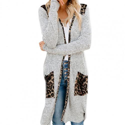Women Long Sleeve Cardigan Leopard Pocket Mid-length Coat