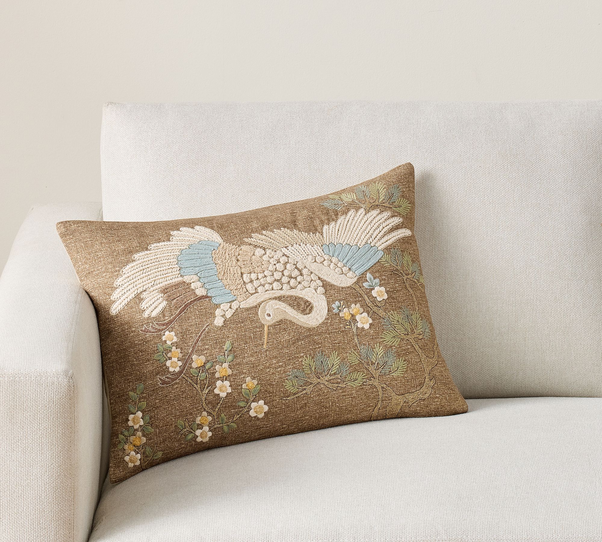 Crane Embroidered Lumbar Pillow