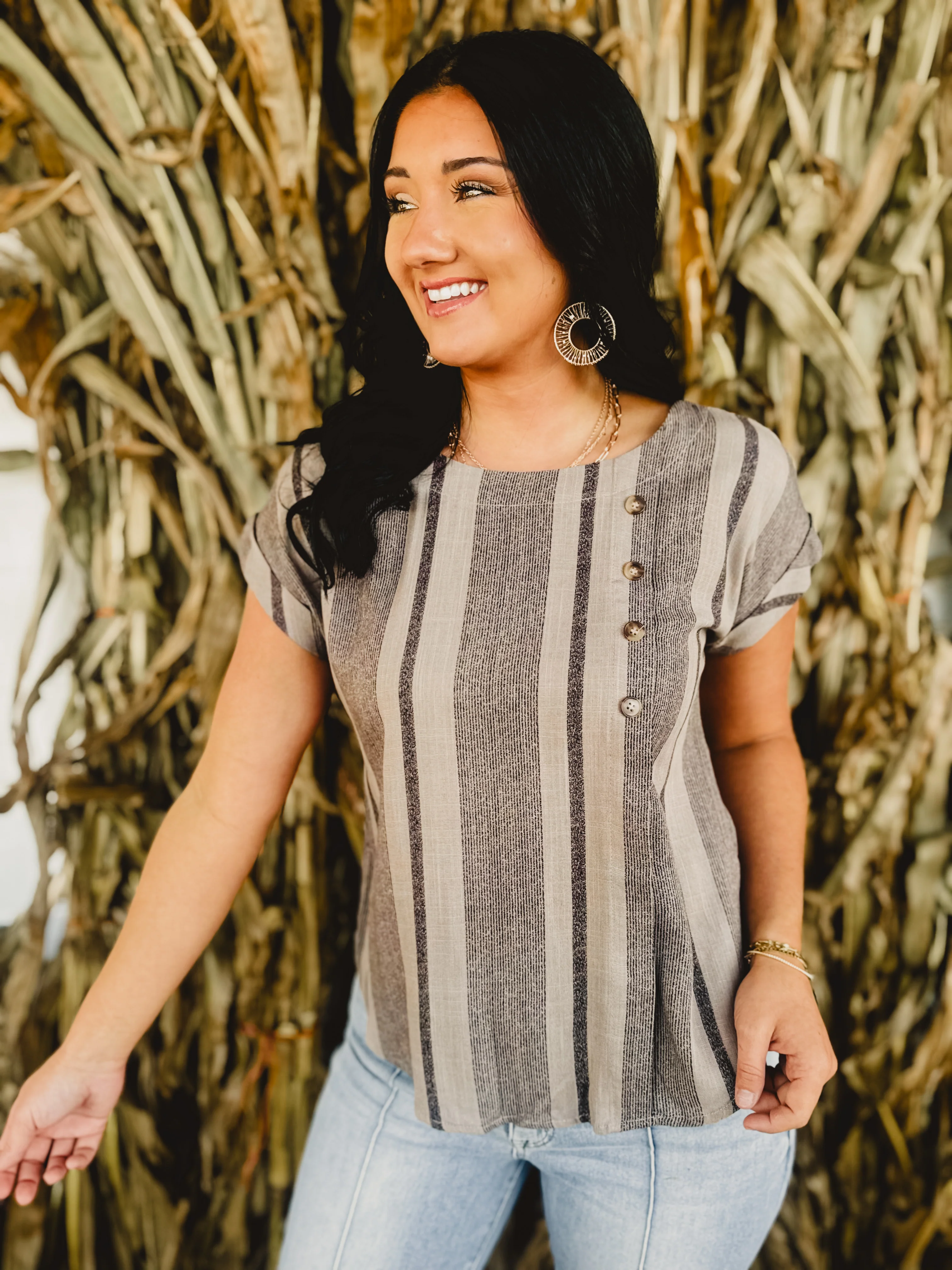 Striped Side Button Down Top - Mocha