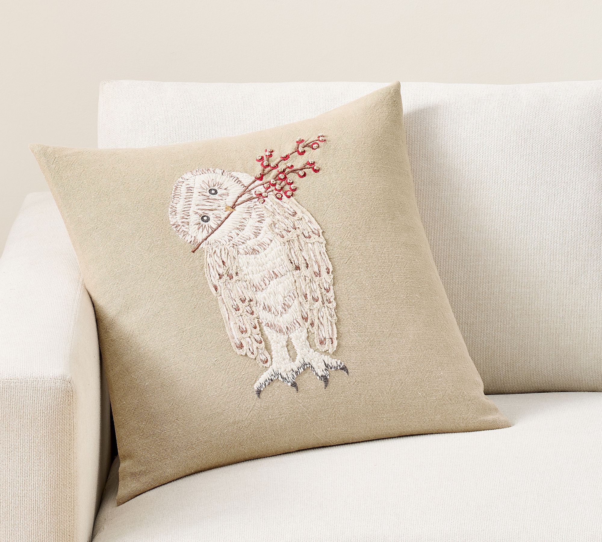 Owl with Berries Embroidered Pillow