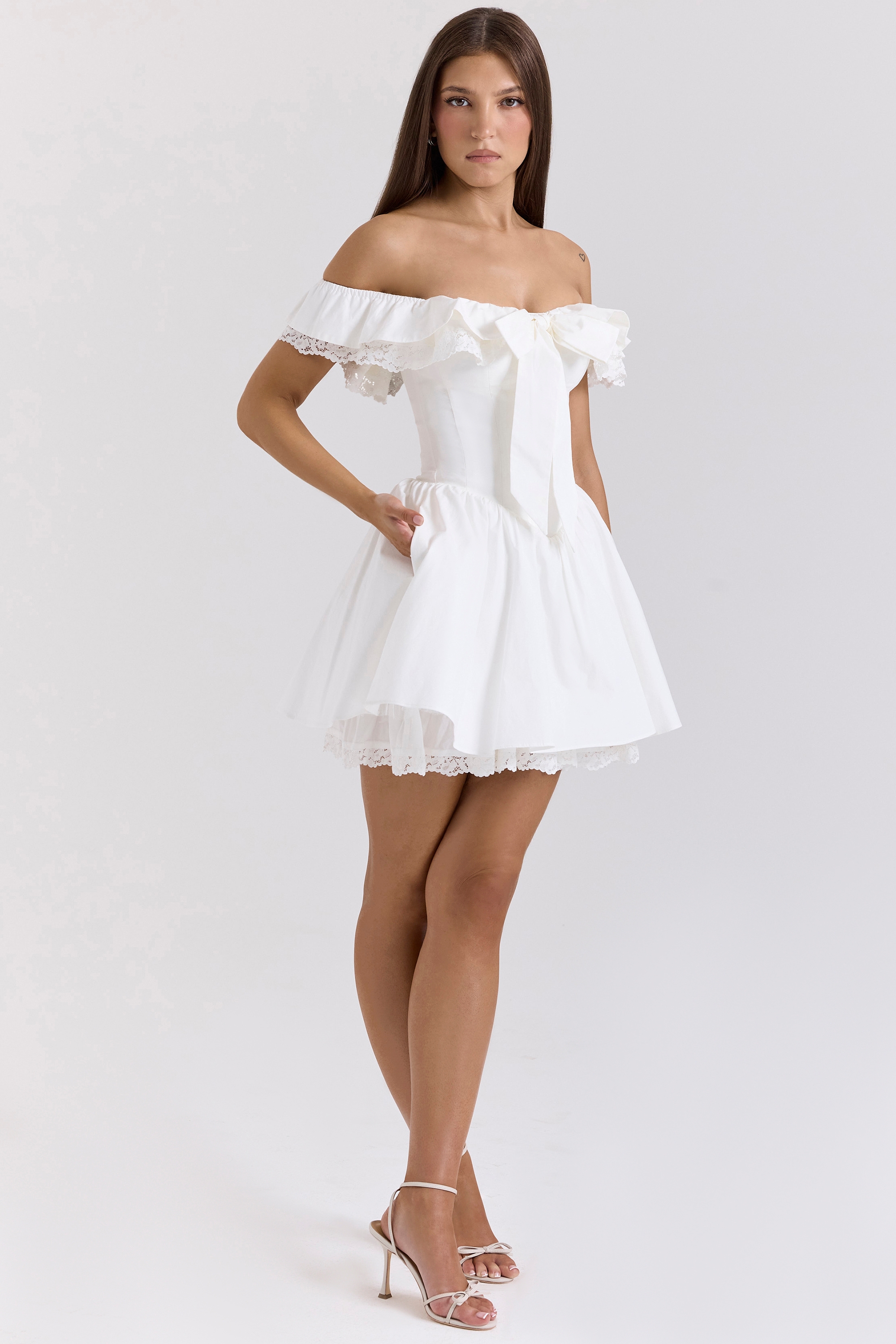 White Cotton Off-The-Shoulder Bustier Mini Dress