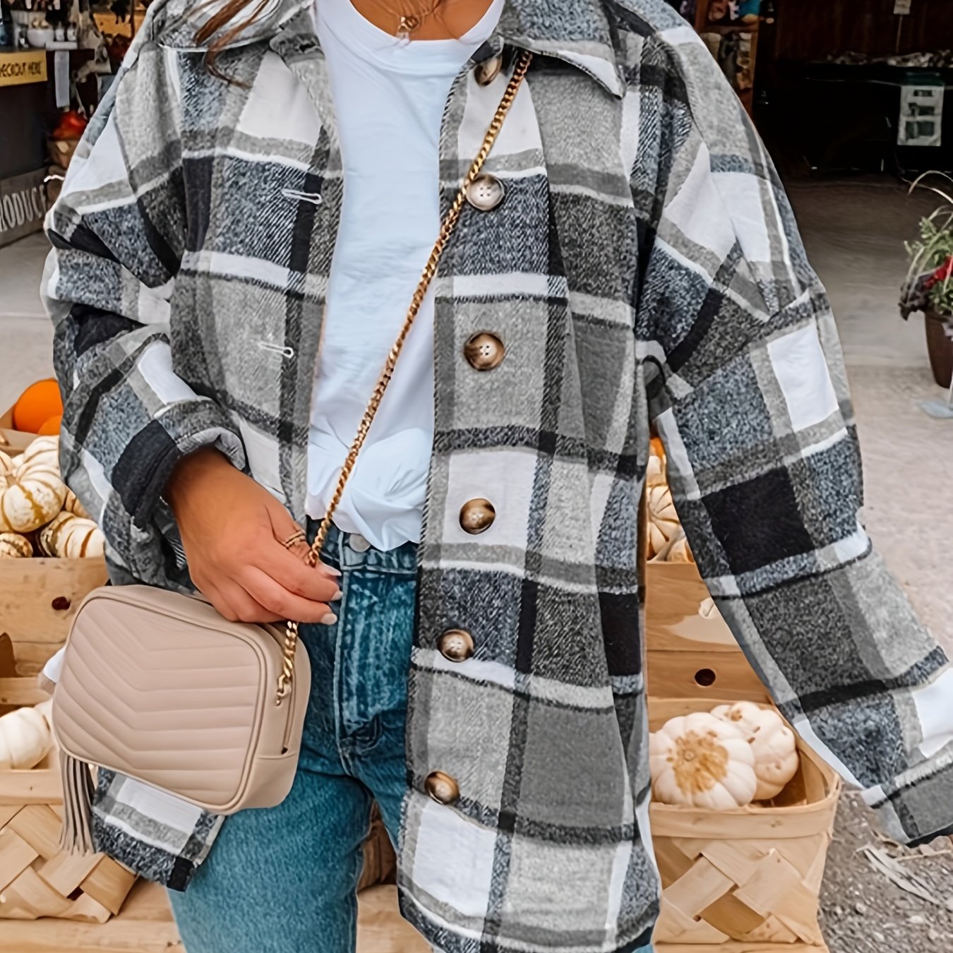 Drop Shoulder Plaid Shirt Jacket, Loose Long Sleeve Casual Plaid Shacket For Spring & Fall, Women's Clothing