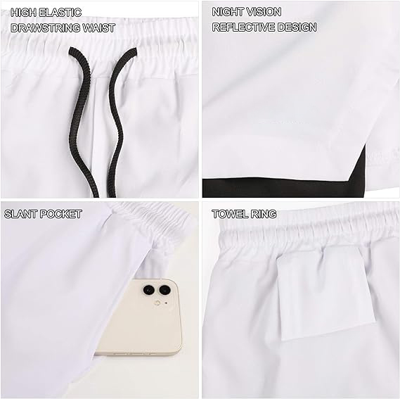 Men's Simple Plain 2 IN 1 Drawstring Shorts with Towel Loop & Phone Pockets