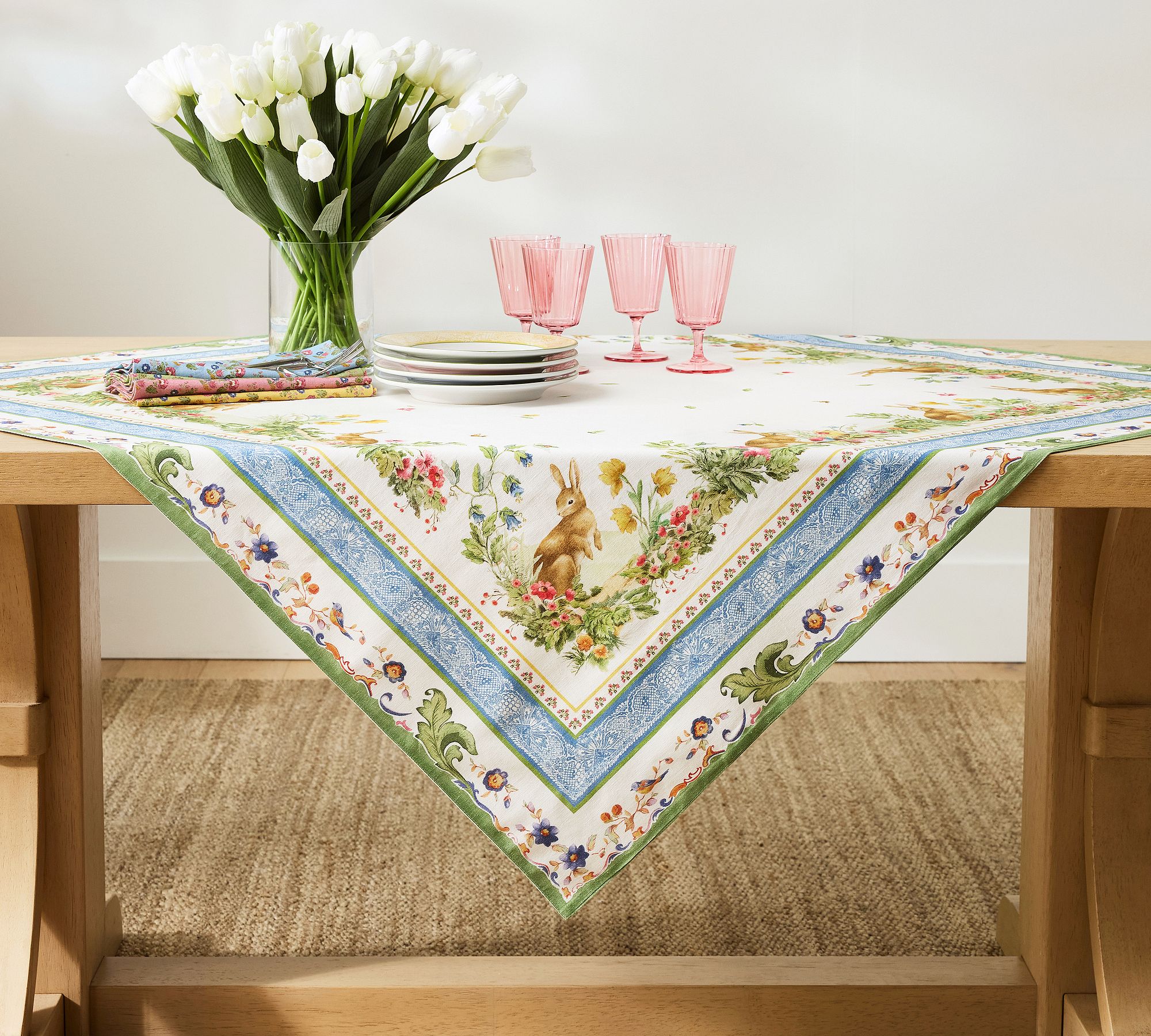 Botanical Bunny Border Print Cotton Table Throw