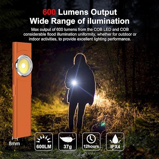 USB C Rechargeable COB Work Light, 600 Lumens Mini Flat EDC Flashlight with Magnetic Base and Loop Clip