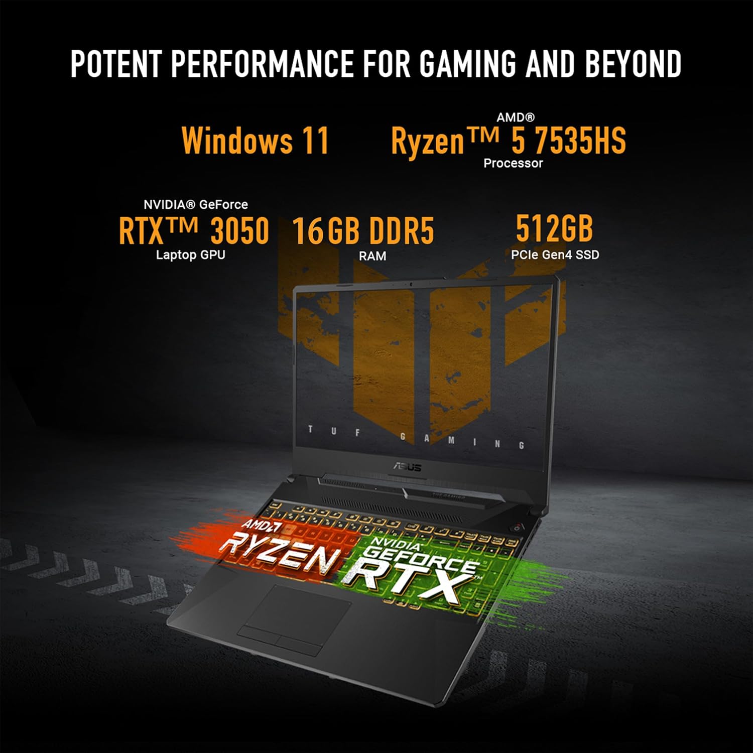 ASUS TUF Gaming A15 Gaming Laptop, 15.6” FHD 16:9 144Hz Display, AMD Ryzen™ 5 7535HS Processor, NVIDIA® GeForce RTX™ 3050, 16GB DDR5, 512GB PCIe® Gen 4.0 SSD, Wi-Fi 6, Windows 11 Home, FA506NC-DS53