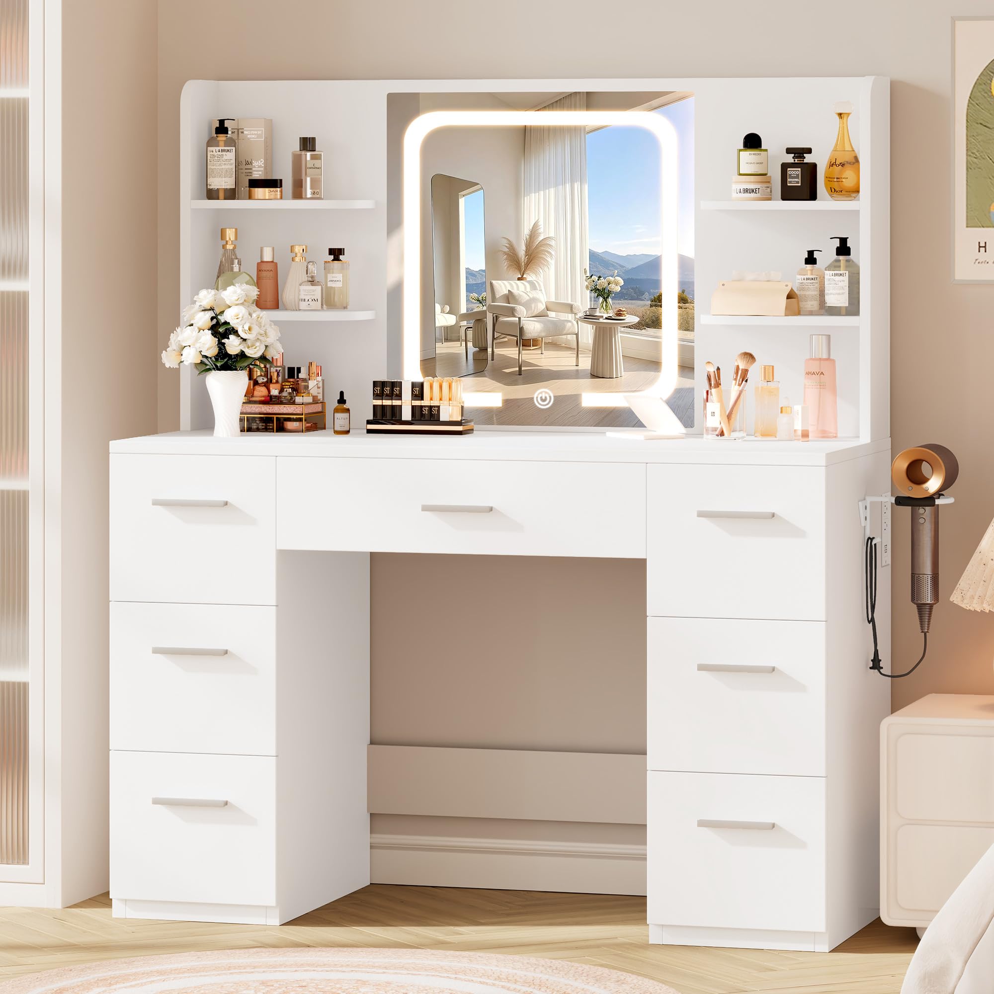 LIVELYGLOW White Makeup Vanity Desk with LED Mirror & Power Station