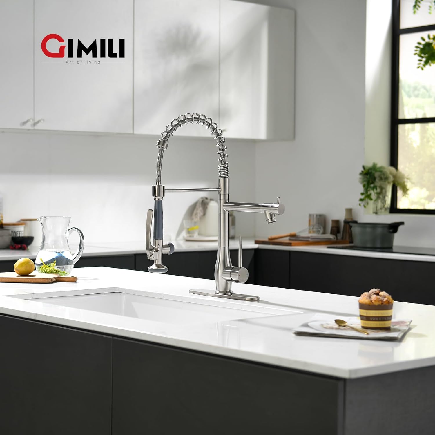 GIMILI Kitchen Faucet with Pull Down Sprayer Single Handle High Pressure Brushed Nickel Kitchen Sink Faucet Commercial Double-Headed Stainless Steel Kitchen Faucets Sink with Deck Plate