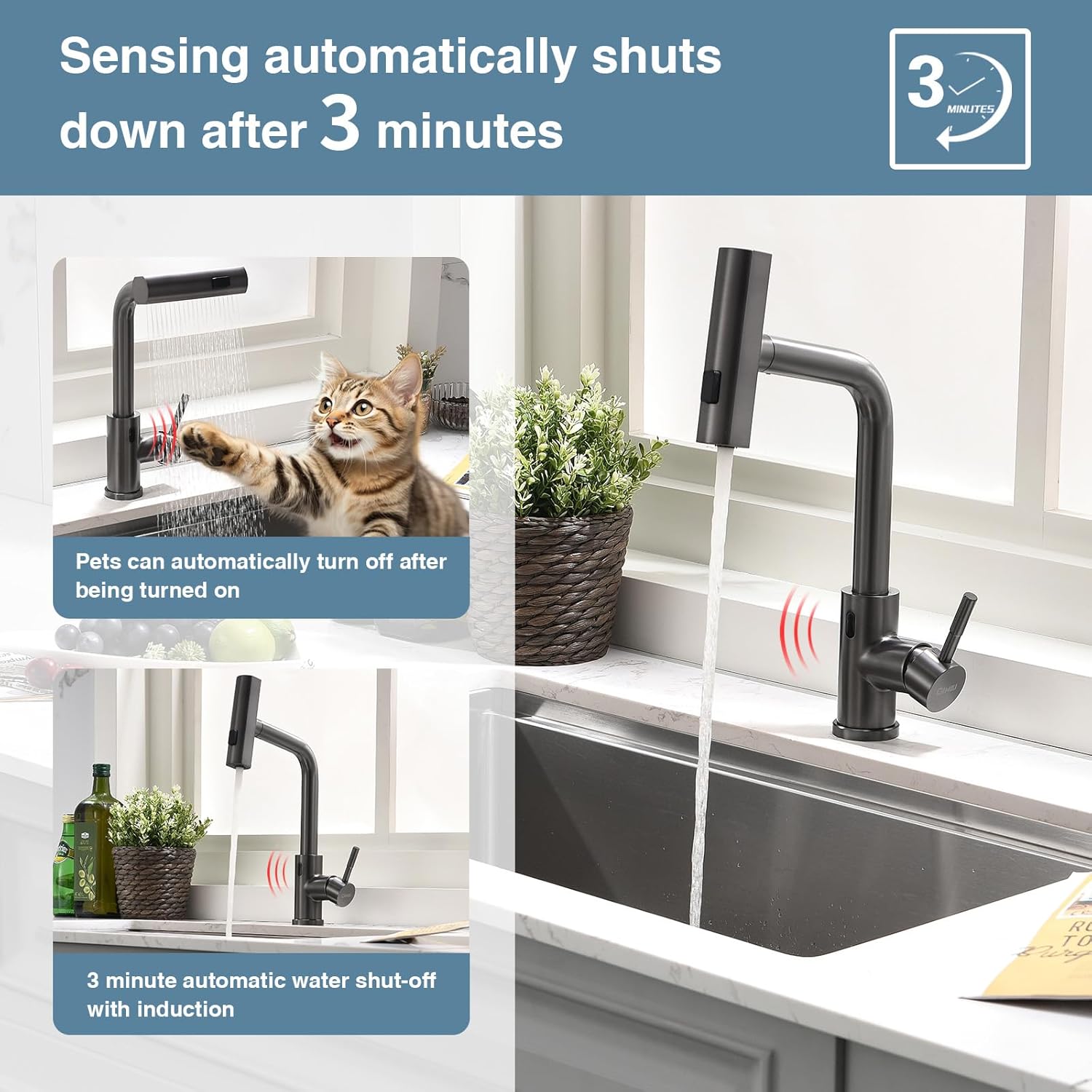 GIMILI Black Stainless Touchless Kitchen Faucet with Pull Down Sprayer, 15” Hight Single Hole Handle Kitchen Sink Faucets