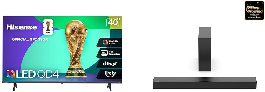 Bundle of Hisense 40-Inch Class QD4 Series Hi-QLED FHD Smart Fire TV (40QD4QF, 2025 Model) + Hisense HS2100 2.1 Ch 240W Sound Bar