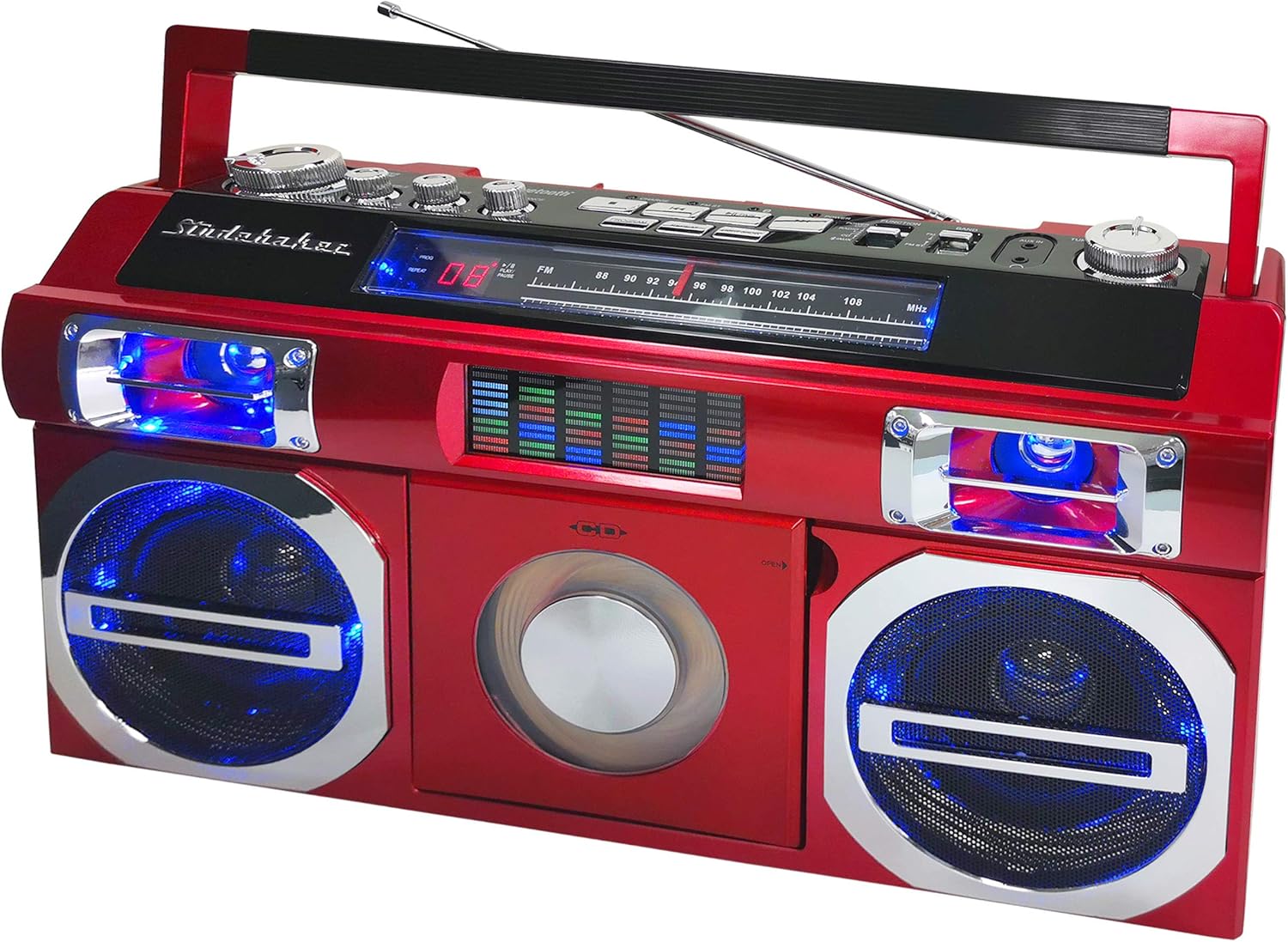 Studebaker SB2145R 80's Retro Street Bluetooth Boombox with FM Radio, CD Player, LED EQ, 10 Watts RMS Power and AC/DC in Red