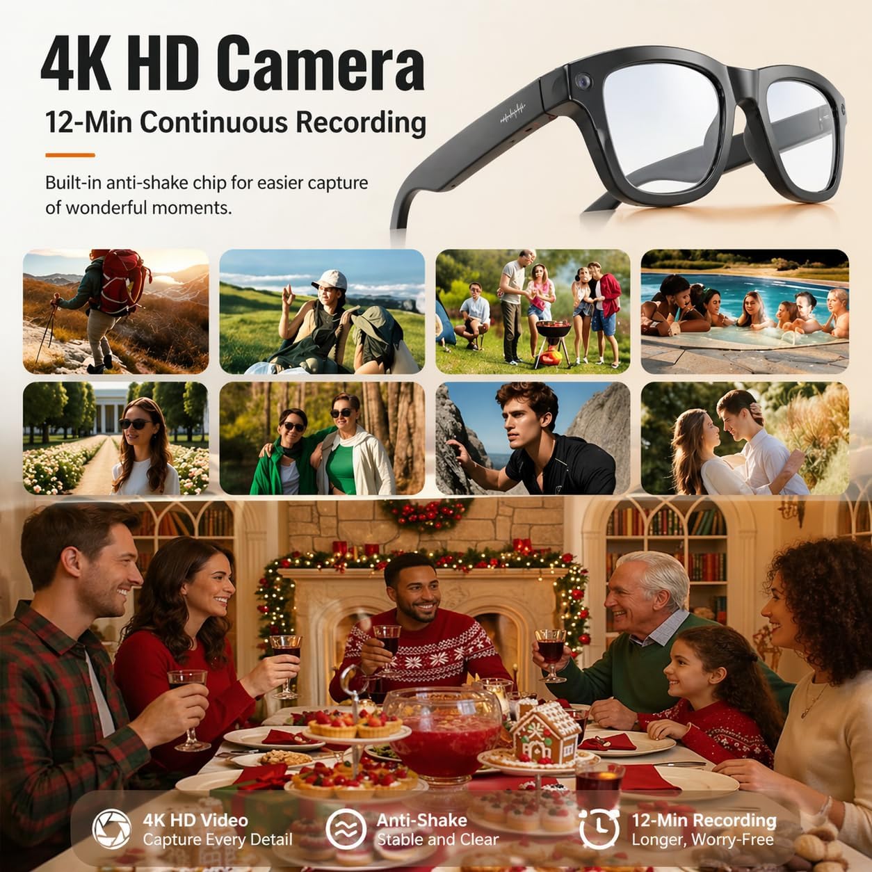 2026 AI Smart Glasses with Camera, 8MP HD Camera & Video Recording Glasses, 139 Languages Real-Time Translation, ChatGPT Voice Assistant, Open-Ear Audio, Blue Light Blocking for Travel, Meetings &Vlog
