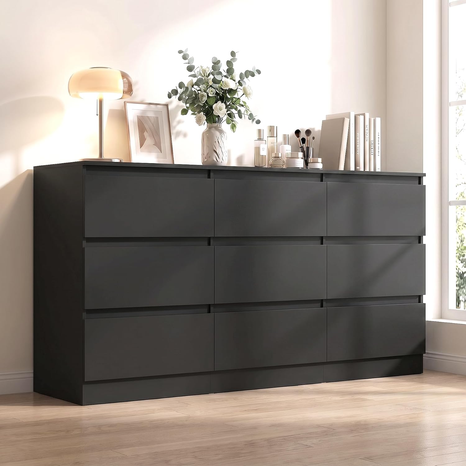 Black 9 Drawer Dresser for Bedroom, Long Dresser with Deep Drawer,Modern Wide Wood Storage Chest of Drawer, Bedroom Storage Furniture,TV Stand for Living Room
