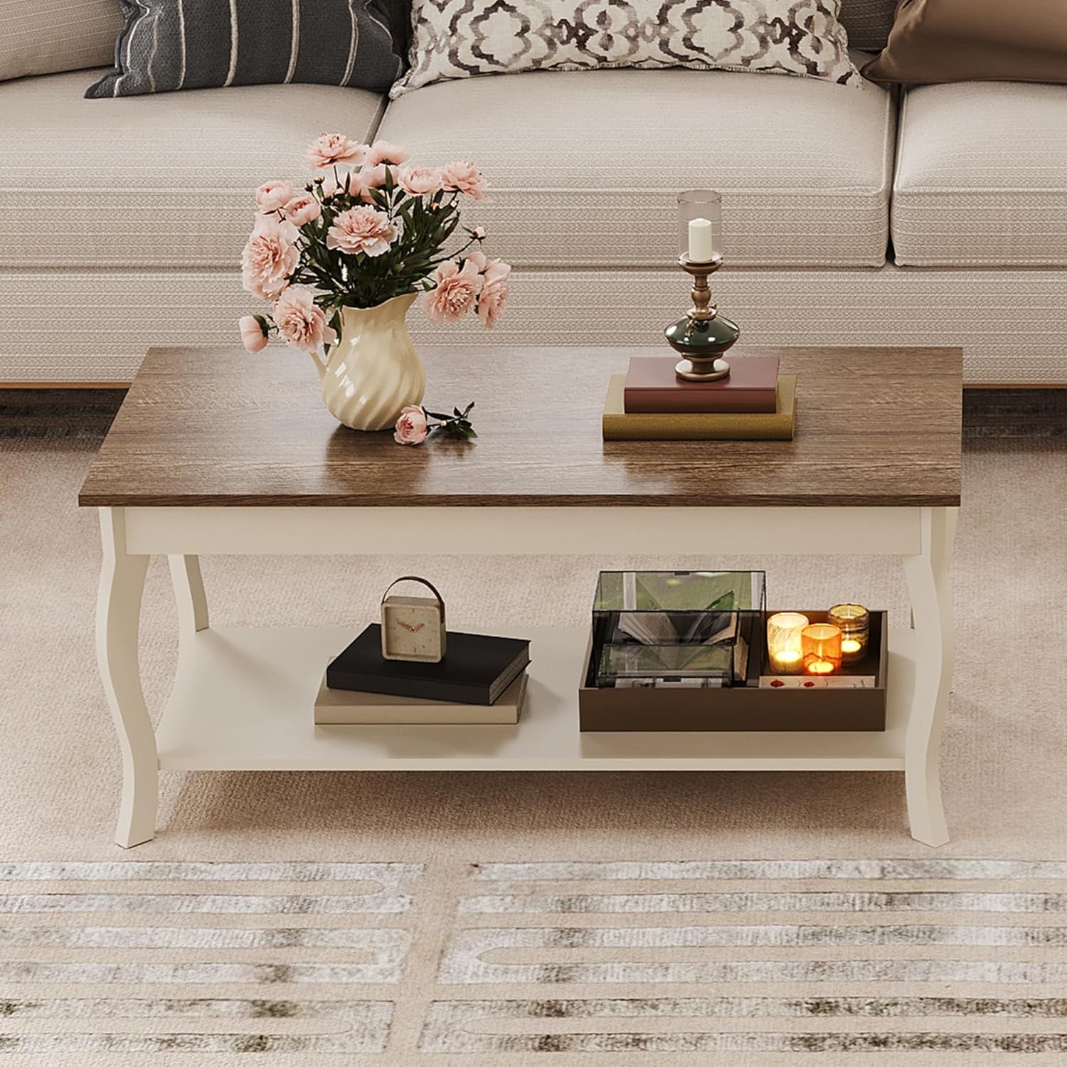 ChooChoo Coffee Table, Rustic Center Table with Curved Legs and Storage Shelf, 39