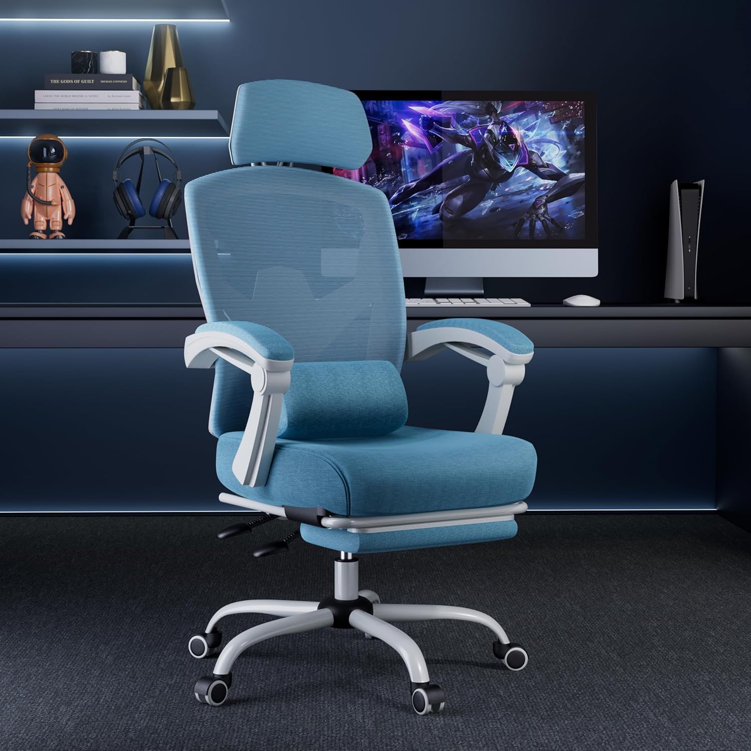 Simple Deluxe Home Office Desk Chair with Footrest, High-Back Mesh Rolling Swivel Reclining Chairs with Wheels, Comfortable Headrest, Lumbar Support, Comfy Arms