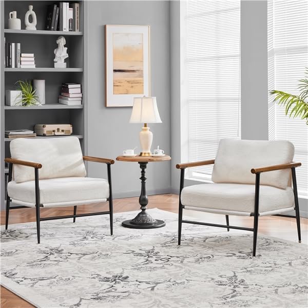 Yaheetech Accent Chair, Modern Vanity Chair, Boucle Fabric Lounge Chair with Metal Frame, Plush Back Pillow and Seat Cushion Pocket Coil Seat for Living Room Bedroom Makeup Room, Ivory, 2pcs