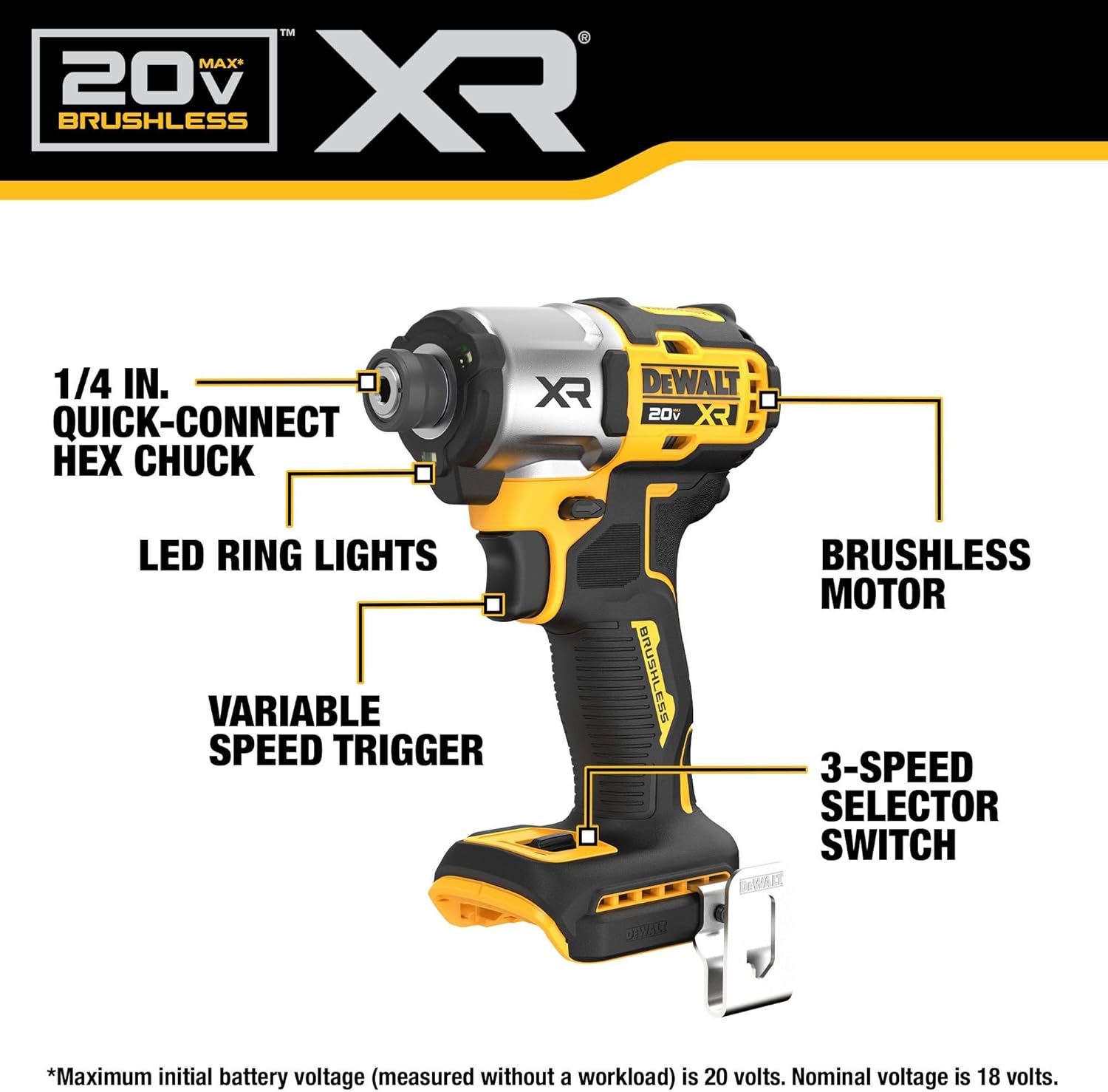 DEWALT 20V MAX XR Impact Driver, 1/4 Inch High Torque Brushless 3 Speed Premium Cordless with LED Light, Extended Runtime, Tool Only (DCF845B)