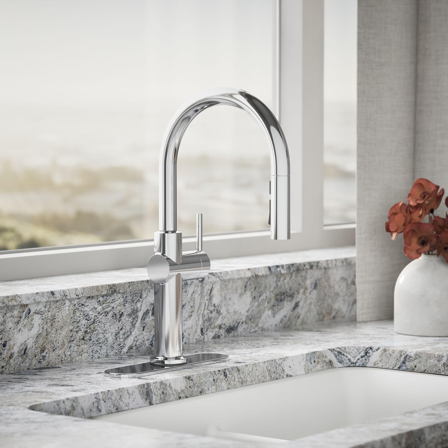 KOHLER 22972-CP Crue Pull Down Kitchen Faucet, Pull-Down Sprayer with Multi Function Spray Head, Polished Chrome