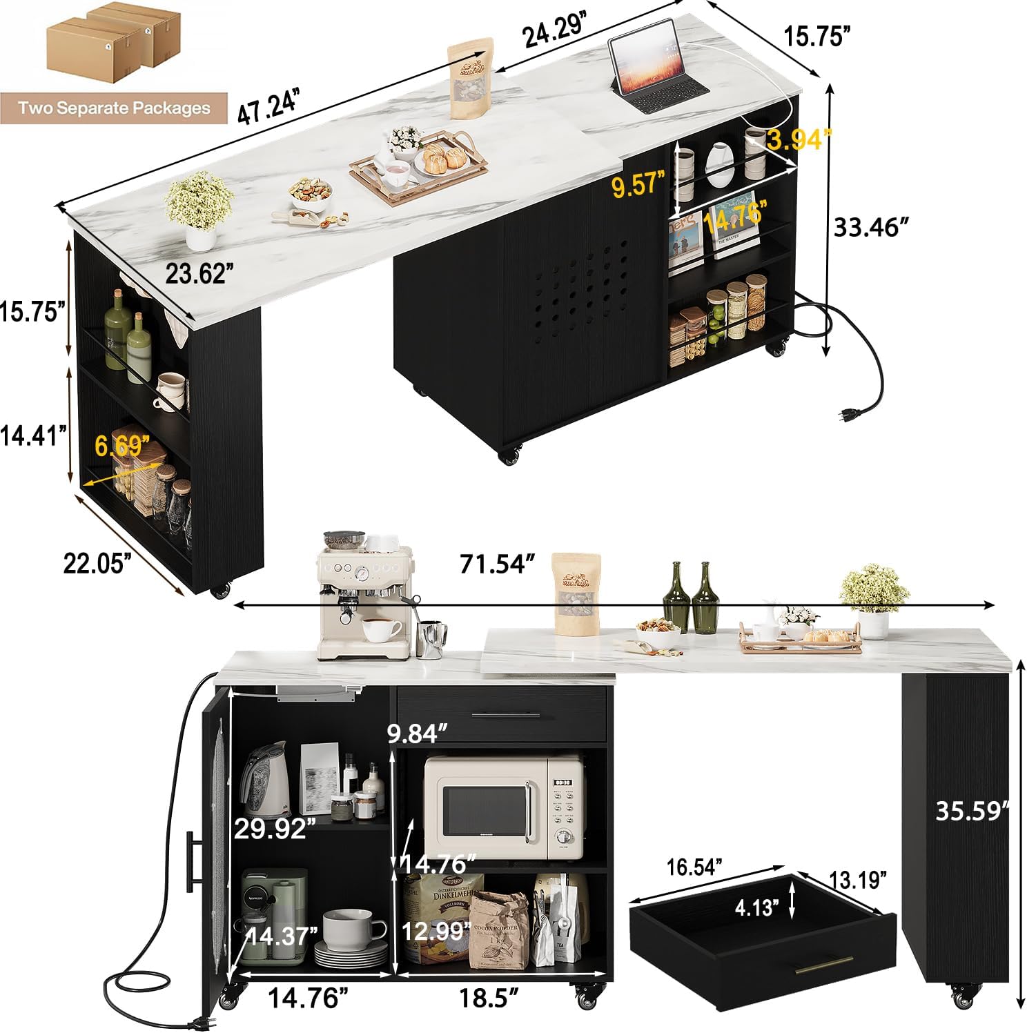 HSH Kitchen Island with 360° Swivel Table & Power Outlet, Rolling Kitchen Island Cart with Storage & Seating, Mobile Kitchen Island Table with Cabinet, Drawers & Shelves on Wheels, White Faux Marble