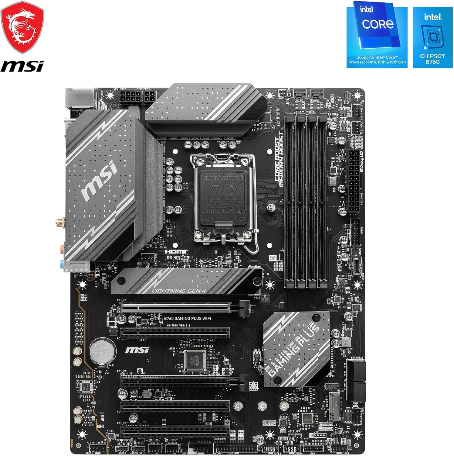 MSI B760 Gaming Plus WiFi V1 Motherboard, ATX - Supports Intel 14th, 13th & 12th Gen Core Processors, LGA 1700 - DDR5 Memory Boost 6800+MHz/OC, 2 x PCIe 4.0 x16, 2 x M.2 Gen4, 2.5G LAN, Wi-Fi 6E