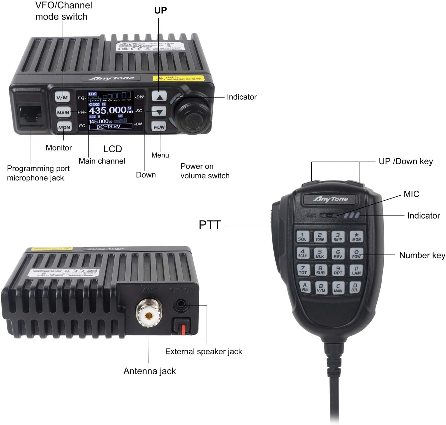 AnyTone Mini Size Dual Band Transceiver Mobile Radio VHF/UHF Two Way Radio AT-779UV for Car Vehicle Black