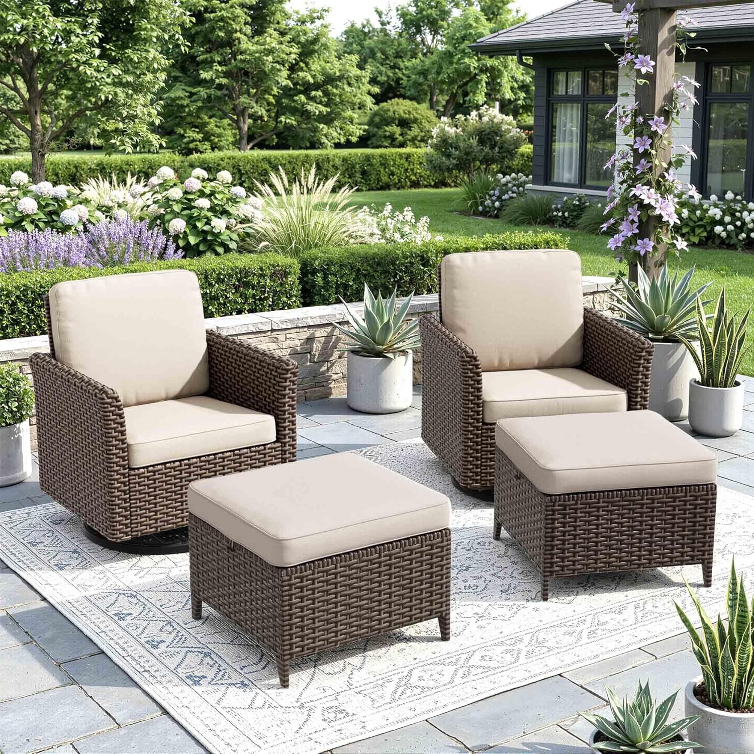 4 Pieces Patio Furniture Set, 2 High Back Swivel Chairs & 2 Ottomans, All-Weather PE Wicker Furniture with Waterproof Cushions for Deck, Garden, Porch