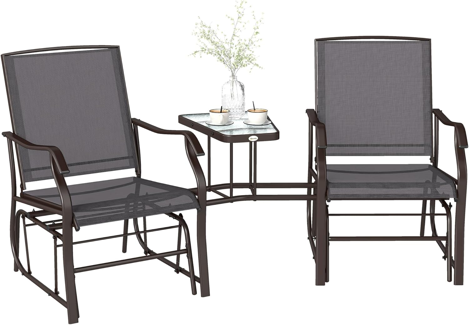 Outsunny Outdoor Glider Chairs with Coffee Table, Patio 2-Seat Rocking Chair Swing Loveseat with Breathable Sling for Backyard, Garden, and Porch, Gray