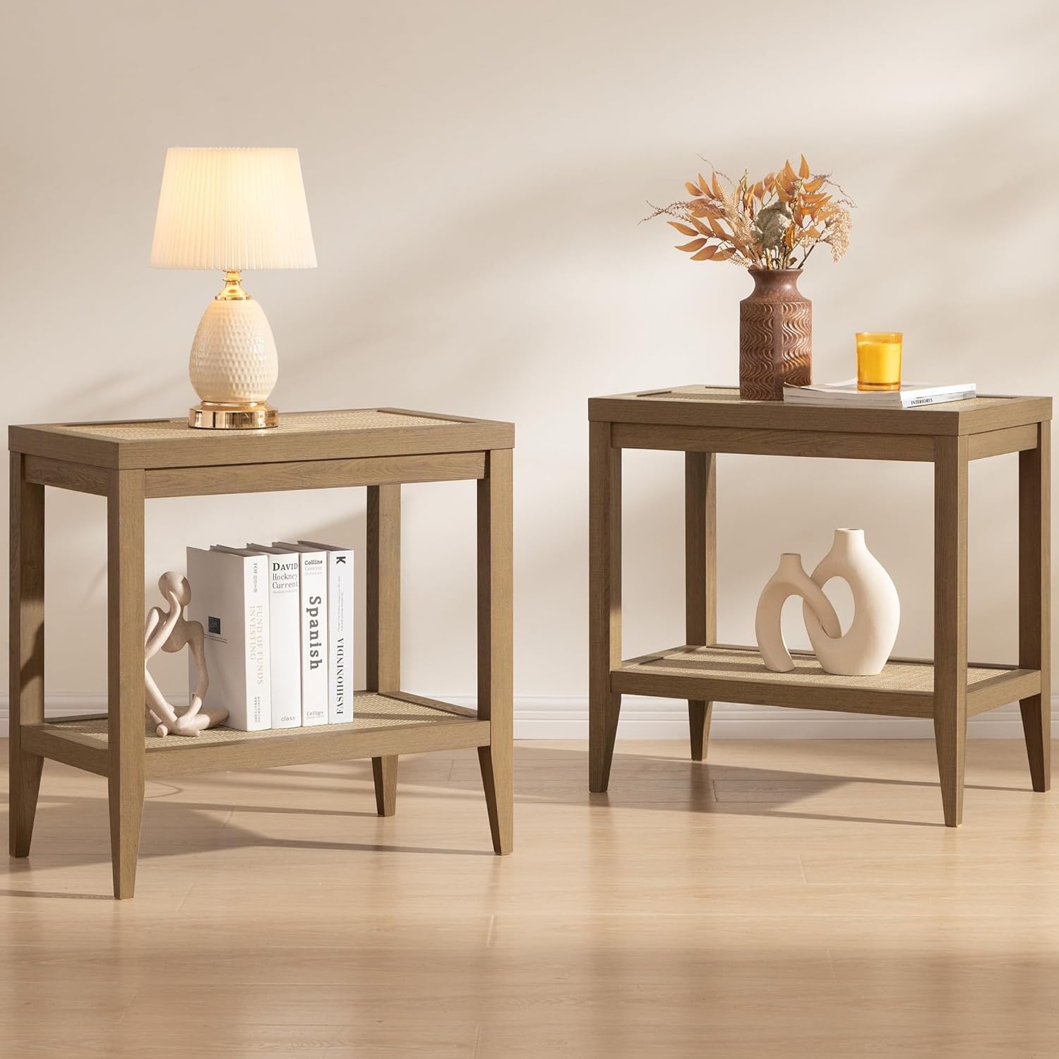 SICOTAS Rattan Nightstands Set of 2 Bedside Table - Boho Narrow End Table Living Room Set of 2 Side Table with Rattan Storage Shelves for Small Space