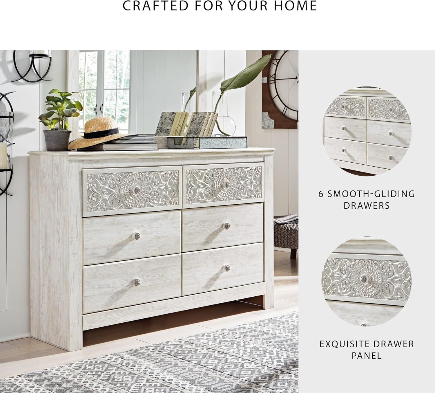 Signature Design by Ashley Paxberry Boho 6 Drawer Dresser, Smooth-gliding Faux Laminate Lined Drawers, Wood, 61.26