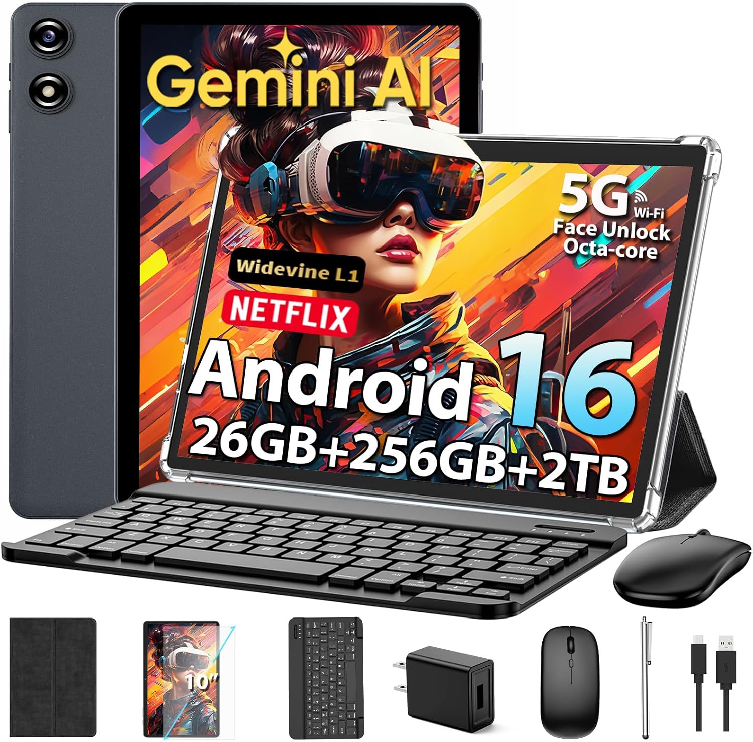 2026 Android Tablet with Keyboard, Upgraded Android 16 tablet with 26GB+256GB+2TB Expand, 10 inch Tablet PC with 8-Core, Gemini AI, WiFi, 8000mAh, GMS,GPS, 2-in-1 Tablet with Case,Mouse,Stylus(Black)
