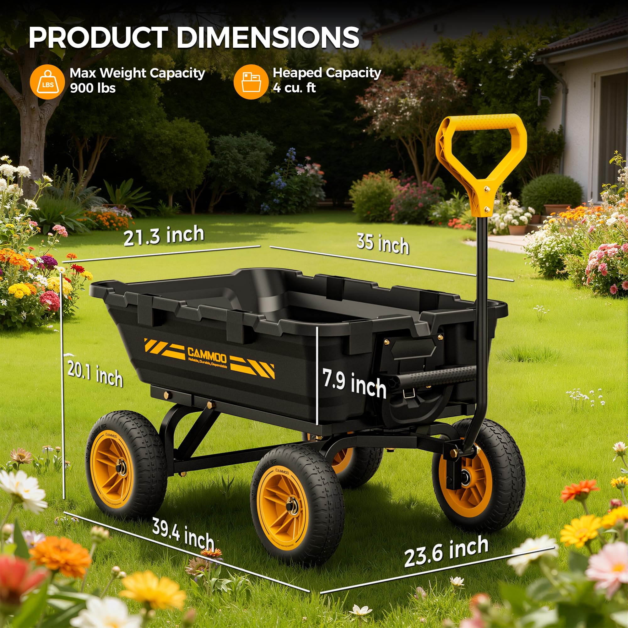 CAMMOO 10in No-Flat Tires Heavy-Duty Garden Dump Cart