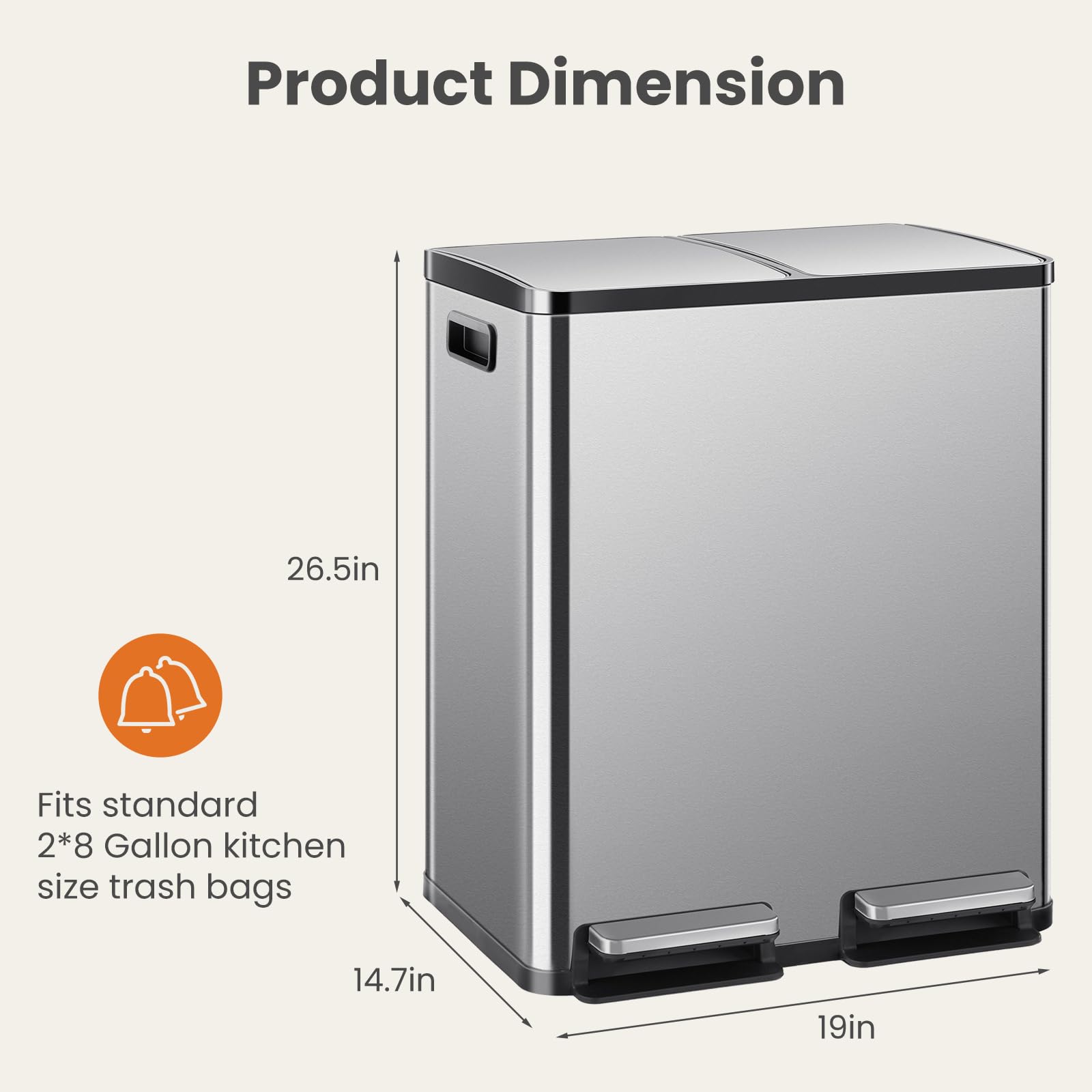 DUMOS Stainless Steel Kitchen Trash Can with Dual Buckets